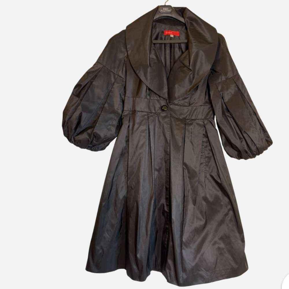 Rare Couture Silk Dress Coat Black Puff Balloon Sleeve Opera Coat Trench Sz 10